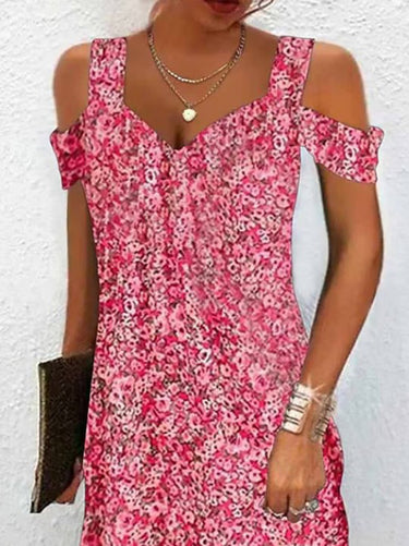 A-line hautement taille fleur imprimé creux à l'épaule froide mini-robes