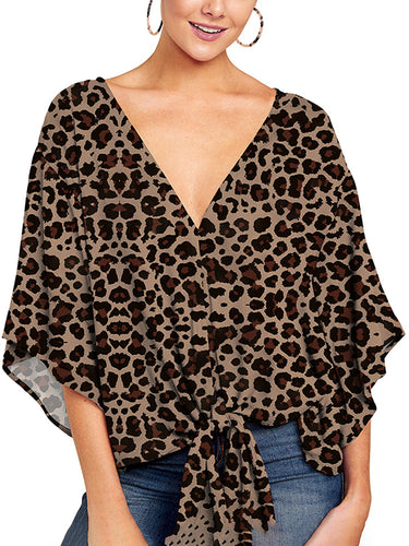 Batwing mangas media mangas tejidos tejidos de leopardo con cuello en v camisetas blusas