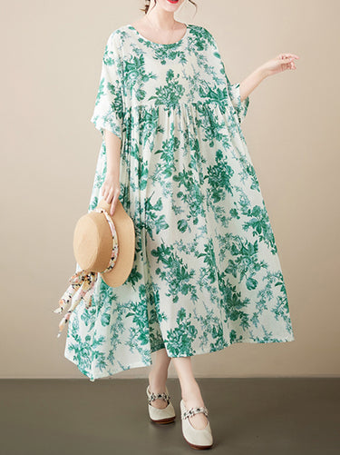 أكمام قصيرة فضفاضة الأزهار مطبوعة مطوية مقسمة مفصل الدائري ثياب ميدي