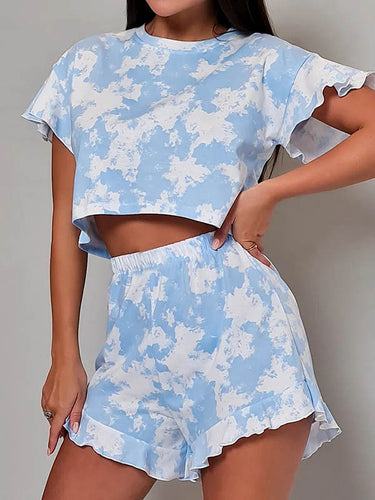 أكمام قصيرة فضفاضة مرونة الكشكش تقليم القميص الدائري Top + شورتات أسفل مجموعات Pajama
