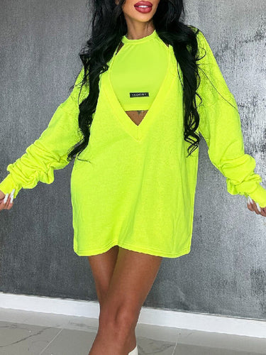 سوء ملون صلب دائري من العنق الفساتين وفساتين أعلى قطعتين