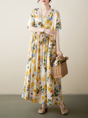 A-line lose florale gedruckte runde Midi-Kleider