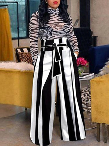 Hohe taillierte lose Stripe Bindet Taille Hosenhosen Hose