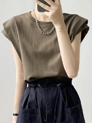 ゆるいノースリーブのスプリットジョイントラウンドネックTシャツのトップス