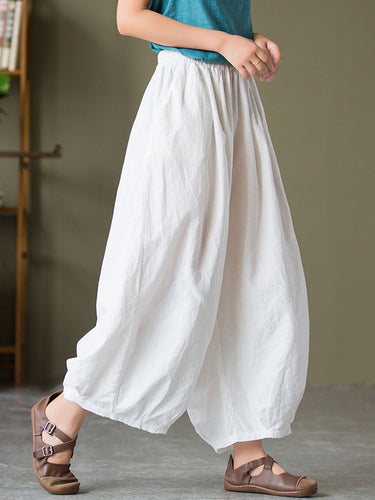 Einfache lose Leinen Feste Farbe Falten -Kordelbreite Beine Knickerbocker