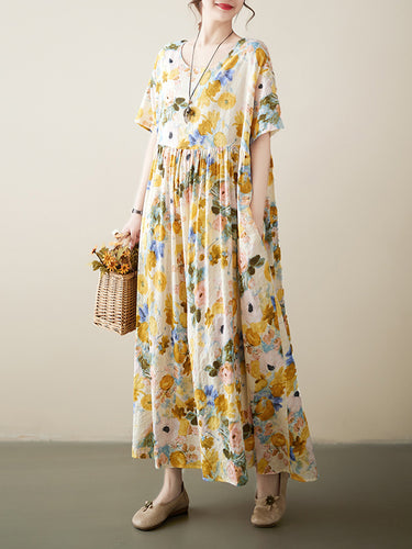A-line lose florale gedruckte runde Midi-Kleider
