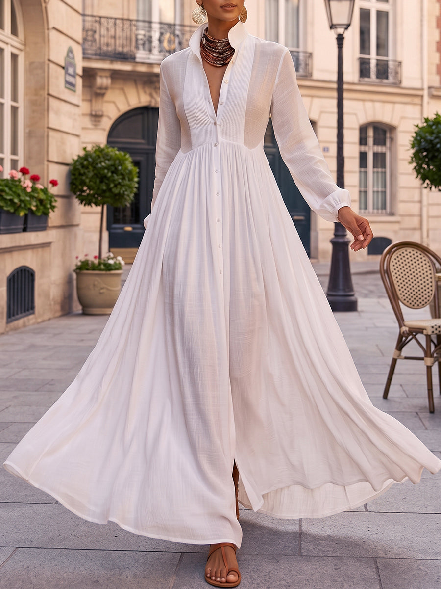 White Stand Collar Maxi Shirt Dress – Uoozee official