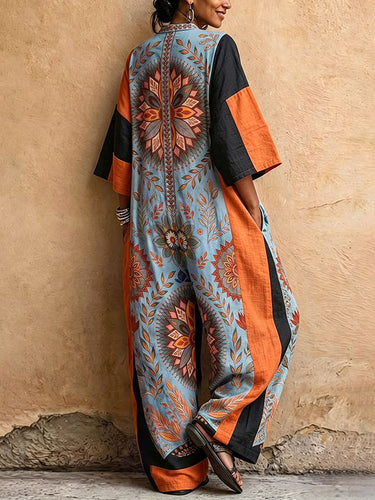 Split-Joint Pockets Flower Print Contrast Color Three-quarter Sleeves Loose V-neck Jumpsuits