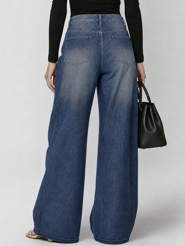 Split-Joint Pockets Hollow Geometric Buttoned Wide Leg Loose Jean Pants Bottoms