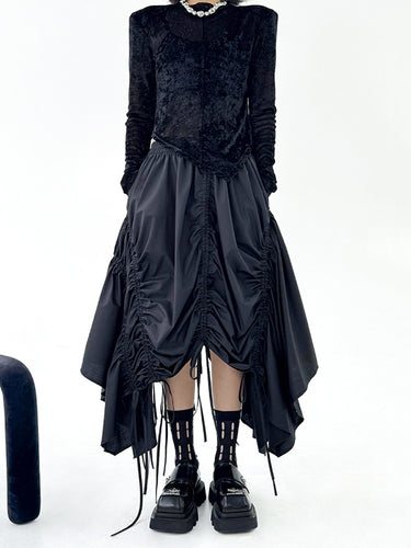 1721447 A-Line Elasticated Waist Asymmetric Drawstring Pleated Solid Color Skirts Bottoms