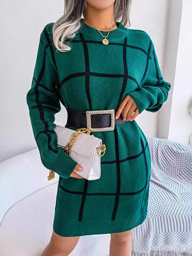 1713363 Elasticated Waist Long Sleeves Belted Contrast Color Plaid Round-Neck Mini Dresses Sweater Dresses