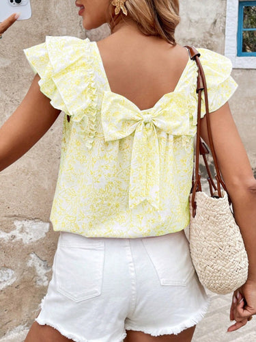 1777318 Blusa a maniche corte, senza schienale, con stampa floreale e fiocco sulla schiena, plissettata e scollo quadrato.&Stop