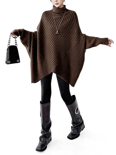 1726296 Batwing Sleeves Irregularity Asymmetric Ribbed Knit Solid Color Split-Joint High Neck Sweater Tops