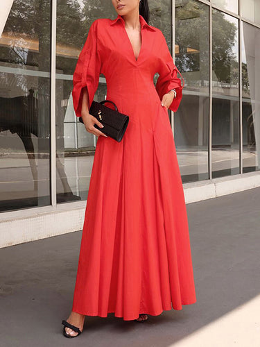 A-Line High Waisted Pleated Solid Color V-Neck Maxi Dresses Shirt Dress