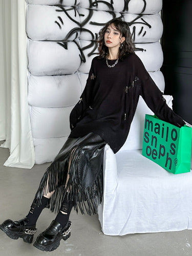 1719690 A-Line Irregularity Asymmetric Buttoned Crocodile Texture Solid Color Tasseled Skirts Bottoms