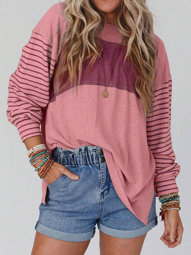 1747704 Long Sleeves Loose Contrast Color Split-Joint Striped Round-Neck Blouses&Shirts Tops