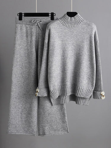 Urban Langarmediale Feste Farbe Halbfarbige Rollkragenpullover -Pullover und Weitbeinhose Zwei Stücke Set Set