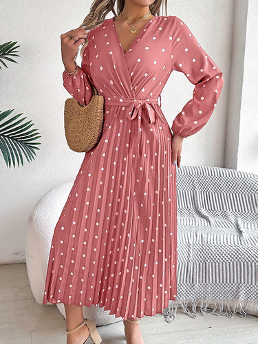 1756161 High Waisted Long Sleeves Pleated Polka Dot Tied Waist V-Neck Maxi Dresses Shirt Dress