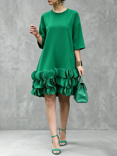 1781752 A-Line Loose Solid Color Split-Joint Three-Dimensional Flower Round-Neck Midi Dresses