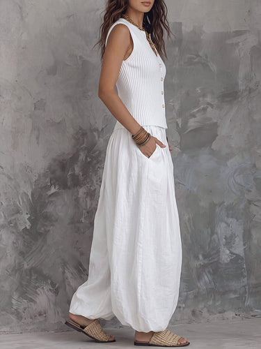 1786478 High Waisted Loose Elasticity Pleated Pockets Solid Color Pants Trousers