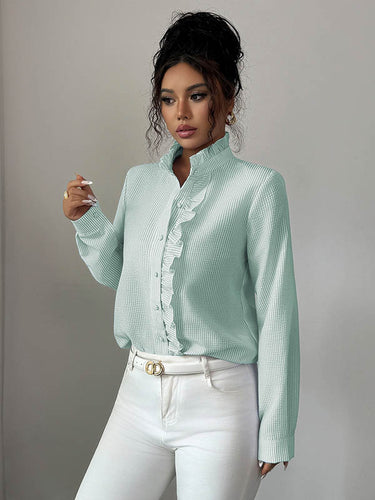 1731616 Long Sleeves Skinny Buttoned Ruffled Split-Joint Striped Stand Collar Blouses&Shirts Tops