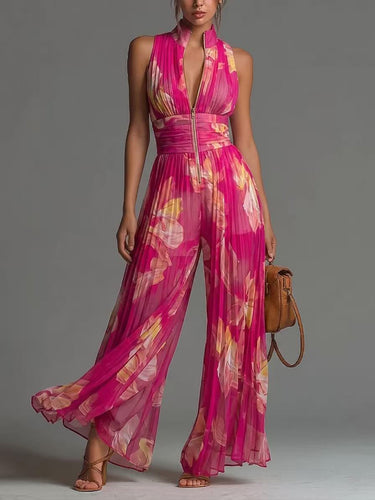 1780816 High Waisted Sleeveless Flower Print Pleated Zipper V-Neck Jumpsuits