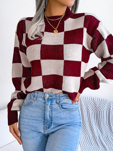 1713648 Long Sleeves Loose Contrast Color Plaid Round-Neck Sweater Tops