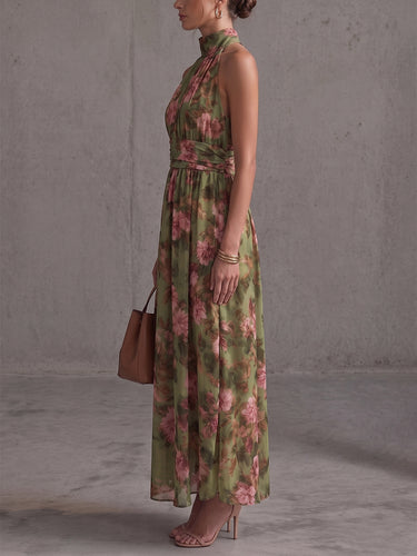 1785914 High Waisted Sleeveless Buttoned Flower Print Pleated Halter-Neck Maxi Dresses