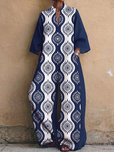 1787662 Printed Pockets Contrast Color Wide Leg Three-quarter Sleeves V-neck Jumpsuits