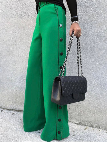 1777486 High Waisted Wide Leg Buttoned Contrast Color Line Pockets Pants Trousers