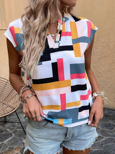 ゆるいノースリーブの印刷されたVネックTシャツのトップス