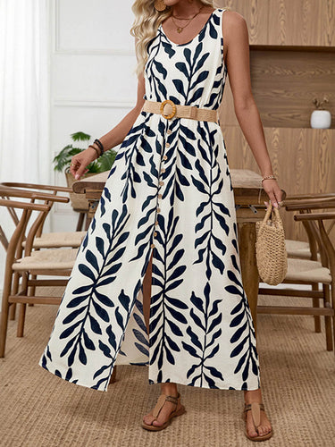 1768470 High Waisted Sleeveless Belt Buckle Buttoned Contrast Color Leaves Print V-Neck Maxi Dresses