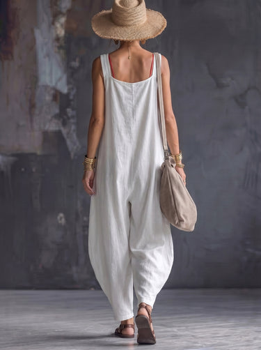 1781366 Loose Sleeveless Pockets Solid Color Square-Neck Jumpsuits