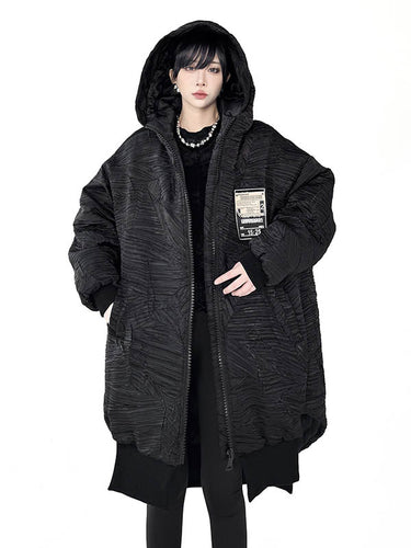 1720044 High-Low Irregularity Abstract Printed Contrast Color Split-Joint Zipper Hooded Outerwear Overcoat