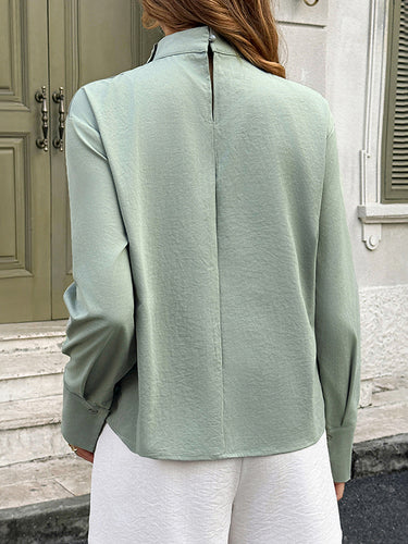 1722166 Long Sleeves Loose Buttoned Pleated Solid Color Mock Neck Blouses&shirts Tops