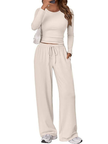 1751593 Solid Color Pleated Round-Neck T-Shirts Tops +  Elasticated Waist High Waisted Drawstring Pants Two Pieces Set