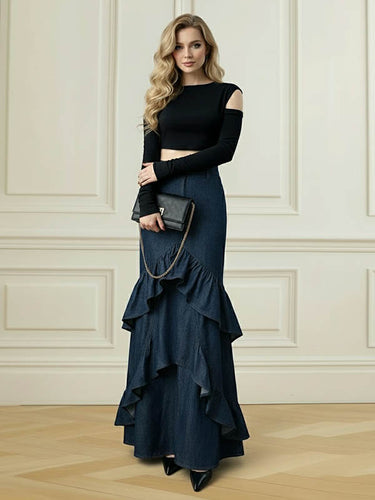 Bodycon High Waisted Ruffled Solid Color Split-Joint Skirts Bottoms