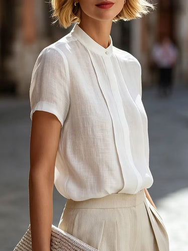 1786027 Loose Short Sleeves Buttoned Solid Color Split-Joint Round-Neck Blouses&Shirts Tops