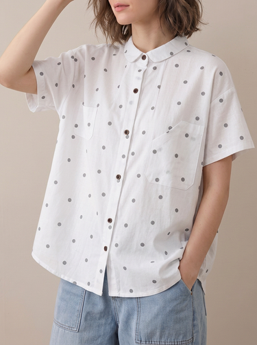 1783952 Loose Plus Size Buttoned Contrast Color Pockets Polka Dot Lapel Blouses&Shirts Tops