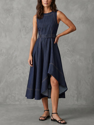 Blue Belted A-Line Denim Midi Dress Uoozee official Blue Belted A-Line Denim Midi Dress Uoozee official