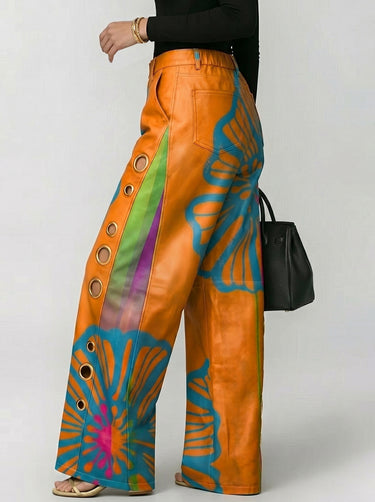Loose Wide Leg Buttoned Contrast Color Hollow Printed Pants Trousers