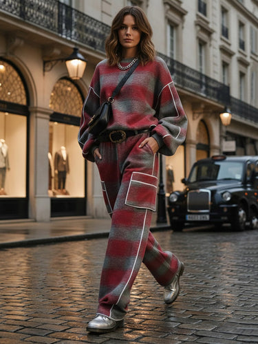 Loose Wide Leg Contrast Color Line Pockets Split-Joint Striped Pants