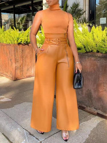1418109 High Waisted Wide Leg Belted Solid Color Zipper Pants Trousers