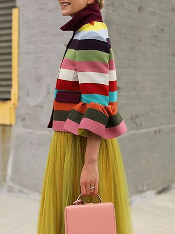 Flared Sleeves Multi-Colored Striped Lapel Jackets Outerwear – Uoozee ...
