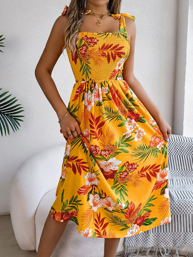 1783871 A-Line Loose Contrast Color Elasticity Flower Print Tied Spaghetti-Neck Midi Dresses
