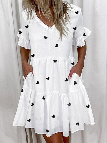 1752947 Abiti midi con scollo a V e scollo a V stampati con tasche a pieghe a contrasto di colore a vita alta a vita alta