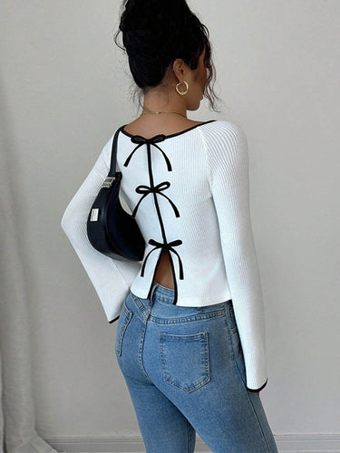 1738702 Long Sleeves Contrast Color Ribbed Knit Split-Joint Round-Neck Blouses&Shirts Tops