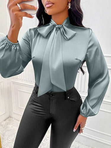 1729149 Long Sleeves Loose Bow-Embellished Pleated Solid Color Split-Joint Scarf Collar Blouses&Shirts Tops