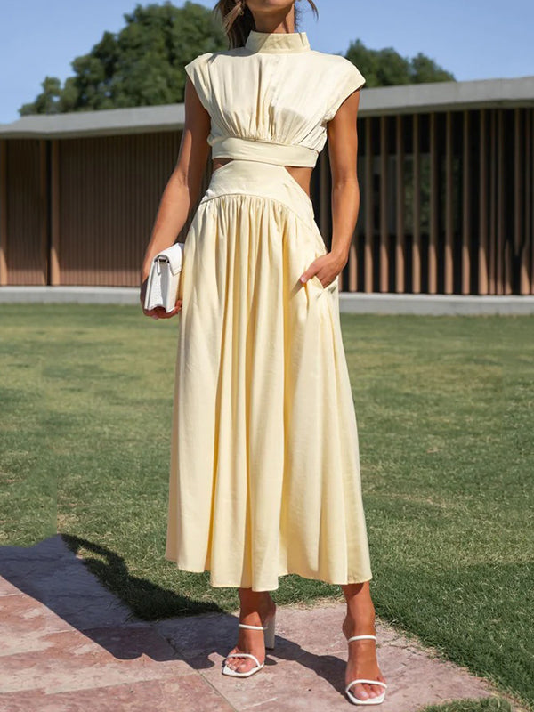 Long Sleeves Loose Pleated Ruffled Solid Color Split-Joint Lapel Midi Dresses Shirt Dress main image 0