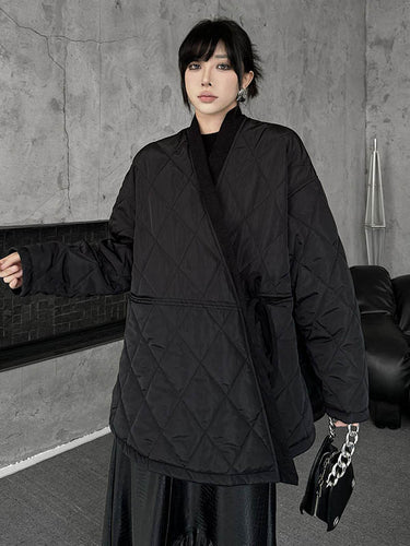 1720277 Long Sleeves Loose Plaid Quilted Solid Color Split-Joint Tied Collarless Outerwear Padded Coat
